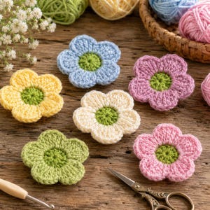 May include: Six crocheted flowers in light blue, yellow, cream, green, lavender, and pink, each featuring a textured green center. The flowers are arranged on a wooden surface alongside a crochet hook and a pair of metal scissors.