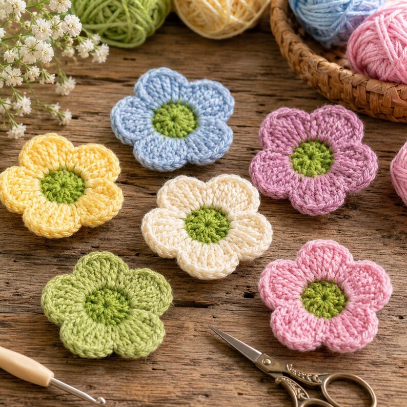May include: Six crocheted flowers in light blue, yellow, cream, green, lavender, and pink, each featuring a textured green center. The flowers are arranged on a wooden surface alongside a crochet hook and a pair of metal scissors.