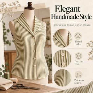 May include: A sleeveless blouse featuring a sage green and white vertical striped pattern, a shawl collar, and a button-front closure. The garment includes princess seams and is displayed on a mannequin with text reading Elegant Handmade Style.