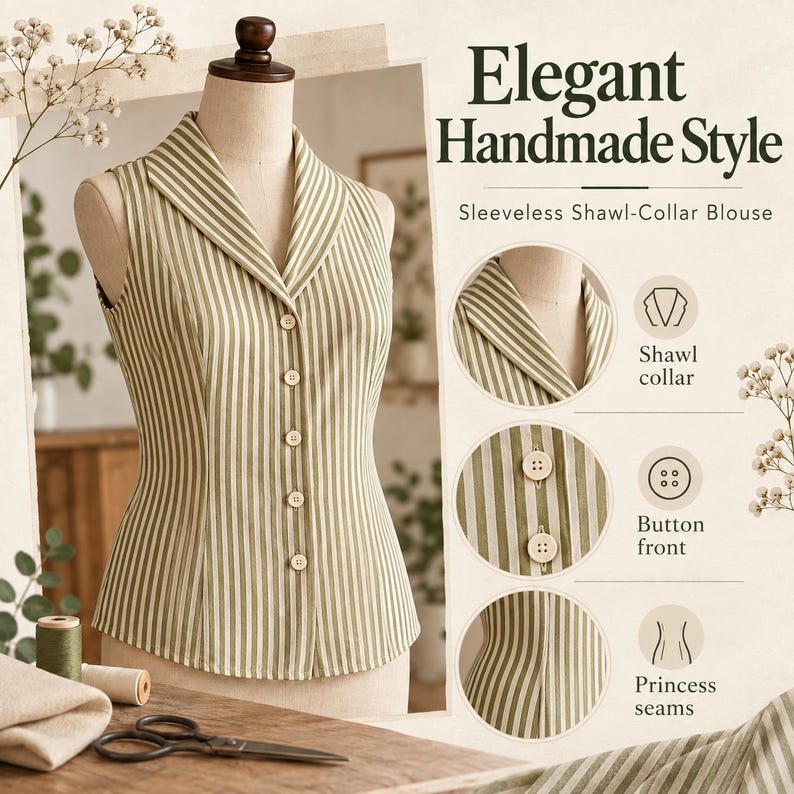 May include: A sleeveless blouse featuring a sage green and white vertical striped pattern, a shawl collar, and a button-front closure. The garment includes princess seams and is displayed on a mannequin with text reading Elegant Handmade Style.