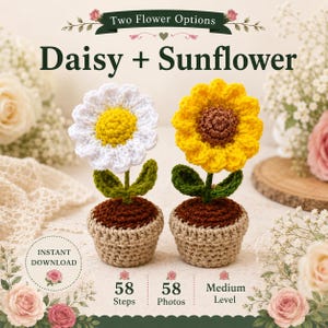 Op de afbeelding: Twee gehaakte bloemen in pot, een witte margriet en een gele zonnebloem, elk met groene bladeren en bruine aarde in een beige pot. Tekst: Two Flower Options, Daisy + Sunflower, Instant Download, 58 Steps, 58 Photos, Medium Level.