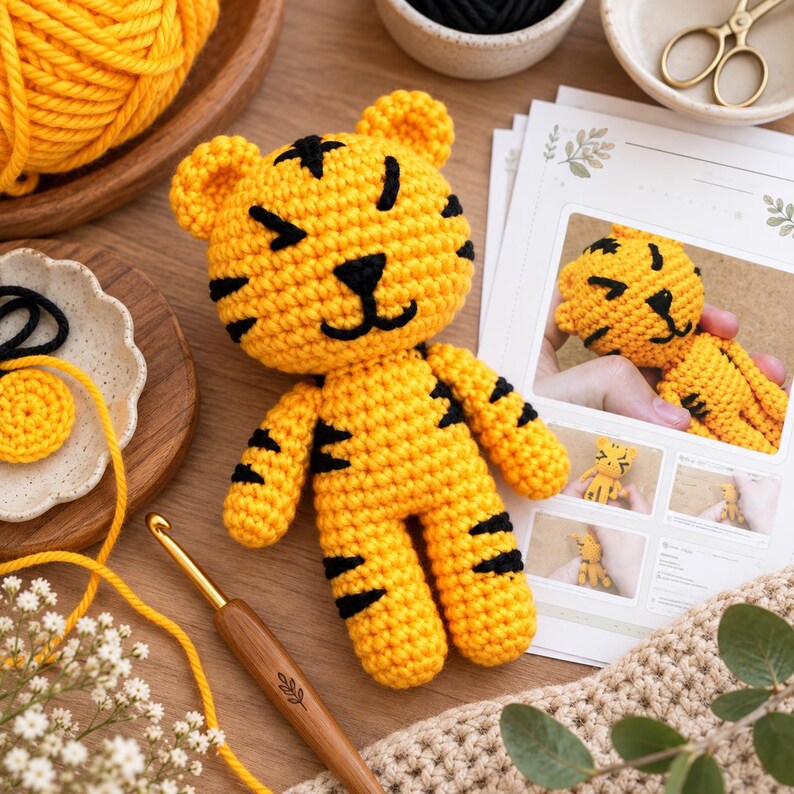 May include: A yellow and black crocheted tiger toy with a rounded head, small ears, and stitched facial features. The tiger has a striped pattern on its body and limbs. It is displayed alongside a printed instruction sheet with photos.