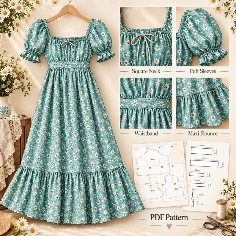 K&ouml;nnte beinhalten: Ein t&uuml;rkisfarbenes Maxikleid mit wei&szlig;em G&auml;nsebl&uuml;mchenmuster, quadratischem Ausschnitt mit Bindedetail, kurzen Puff&auml;rmeln mit R&uuml;schenb&uuml;ndchen, einer taillierten Passform und einem gestuften Saum. Enth&auml;lt ein PDF-Schnittmuster mit Ma&szlig;en.