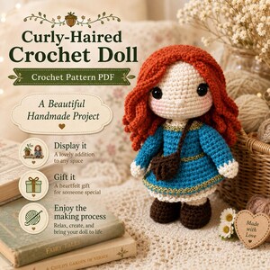 Mönster för virkad docka med lockigt hår i PDF-format, virkmönster för amigurumi-docka, handledning för dockor med rött hår, fotoguide i 106 steg, direktnedladdning bild 5
