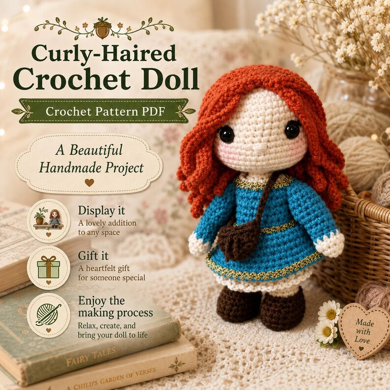 Mönster för virkad docka med lockigt hår i PDF-format, virkmönster för amigurumi-docka, handledning för dockor med rött hår, fotoguide i 106 steg, direktnedladdning bild 5