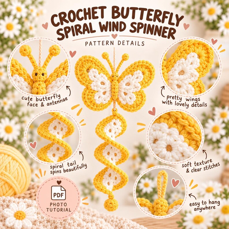 Puede incluir: Un patr&oacute;n de ganchillo para un m&oacute;vil de mariposa en espiral con hilo amarillo y blanco. La imagen muestra una mariposa central, una cola en espiral y recuadros circulares que detallan la cara, las alas, los puntos y el lazo para colgar.