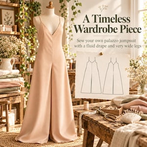 May include: A beige sleeveless jumpsuit with a V-neckline and wide legs displayed on a mannequin. The image includes text reading A Timeless Wardrobe Piece and Sew your own palazzo jumpsuit with a fluid drape and very wide legs, plus a line drawing.