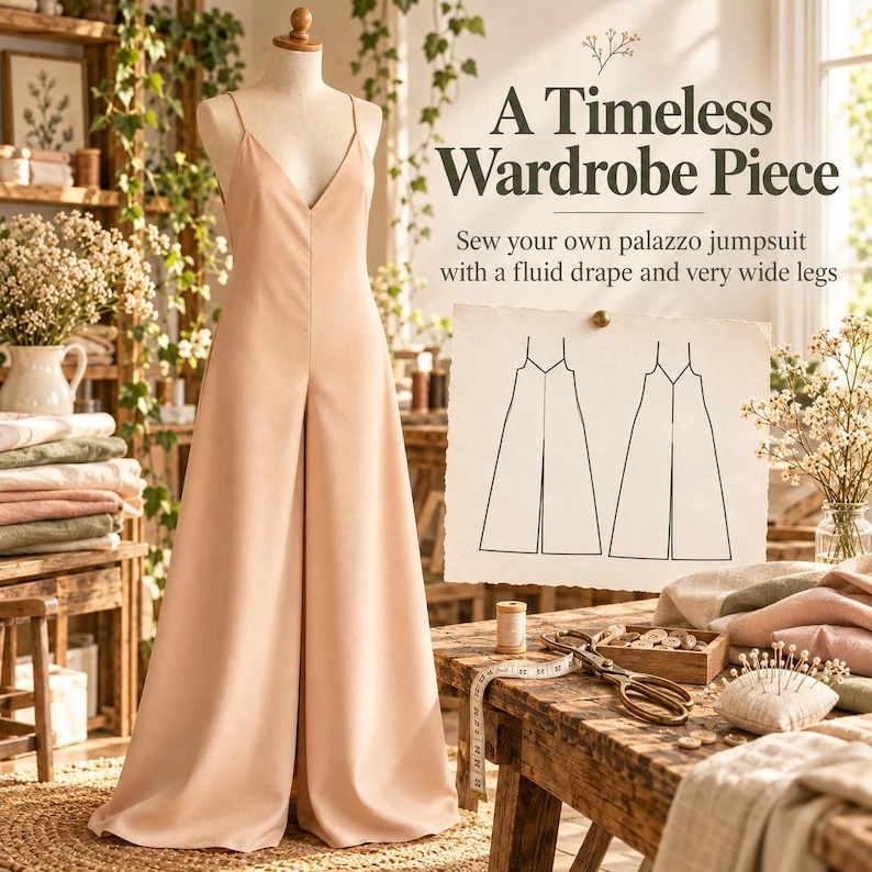 May include: A beige sleeveless jumpsuit with a V-neckline and wide legs displayed on a mannequin. The image includes text reading A Timeless Wardrobe Piece and Sew your own palazzo jumpsuit with a fluid drape and very wide legs, plus a line drawing.