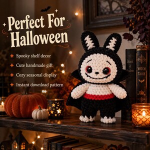 May include: A crocheted plush toy shaped like a vampire bunny with black and white yarn, red eyes, and a red waistband. The text in the image reads: Perfect For Halloween, Spooky shelf decor, Cute handmade gift, Cozy seasonal display, Instant download pattern.