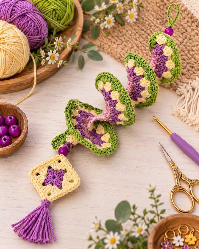 K&ouml;nnte beinhalten: Ein spiralf&ouml;rmiges H&auml;kel-H&auml;ngeornament mit gr&uuml;nen, gelben und violetten Garnsegmenten. Die Struktur besteht aus einer quadratischen Granny-Square-Basis mit einer violetten Quaste, akzentuiert durch violette Perlen und eine Schlaufe.