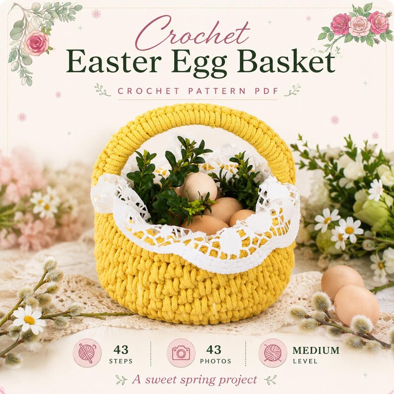May include: A yellow crochet Easter egg basket with a white lace trim, filled with brown eggs and green foliage. The text reads Crochet Easter Egg Basket, Crochet Pattern PDF, 43 Steps, 43 Photos, Medium Level, and A sweet spring project.