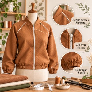 May include: A rust-colored quilted bomber jacket featuring a white zip-front closure, raglan sleeves with white piping, and an elastic hem and cuffs. The jacket is displayed on a mannequin, with callouts highlighting the sleeve piping, zipper, and elastic details.