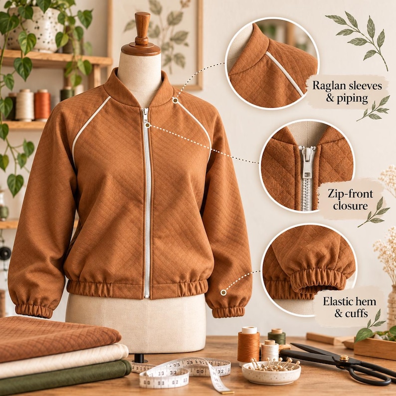 May include: A rust-colored quilted bomber jacket featuring a white zip-front closure, raglan sleeves with white piping, and an elastic hem and cuffs. The jacket is displayed on a mannequin, with callouts highlighting the sleeve piping, zipper, and elastic details.