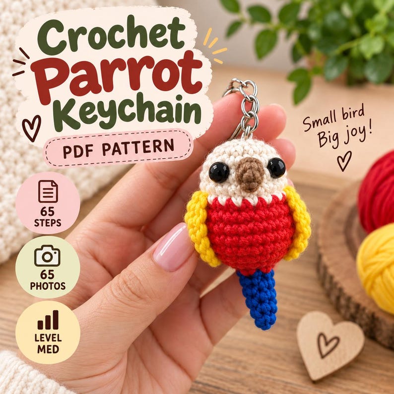 May include: A crochet parrot keychain with a cream-colored head, a brown beak, black eyes, a red chest, yellow wings, and a blue tail. The text reads: Crochet Parrot Keychain, PDF PATTERN, 65 STEPS, 65 PHOTOS, LEVEL MED, Small bird Big joy!