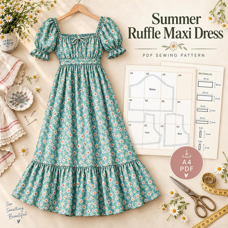 K&ouml;nnte beinhalten: Ein t&uuml;rkisfarbenes Maxikleid mit wei&szlig;em G&auml;nsebl&uuml;mchenmuster, Puff&auml;rmeln und eckigem Ausschnitt. Das Bild enth&auml;lt ein PDF-Schnittmuster mit der Aufschrift Summer Ruffle Maxi Dress, eine Schere, ein Ma&szlig;band und eine kleine Schale mit Stecknadeln.