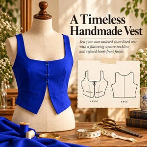 May include: A royal blue sleeveless vest on a mannequin, featuring a square neckline and three front hook-and-eye closures. Beside it, a paper pattern shows front and back views with the text A Timeless Handmade Vest and sewing instructions.