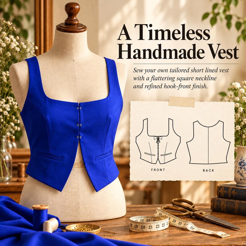 May include: A royal blue sleeveless vest on a mannequin, featuring a square neckline and three front hook-and-eye closures. Beside it, a paper pattern shows front and back views with the text A Timeless Handmade Vest and sewing instructions.