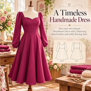 Könnte beinhalten: Ein magentafarbenes Kleid auf einer Schneiderpuppe mit langen Ärmeln, herzförmigem Ausschnitt und weitem Rock. Text: A Timeless Handmade Dress. Sew your own elegant Sweetheart Dress with a flattering fitted bodice and softly flowing skirt.