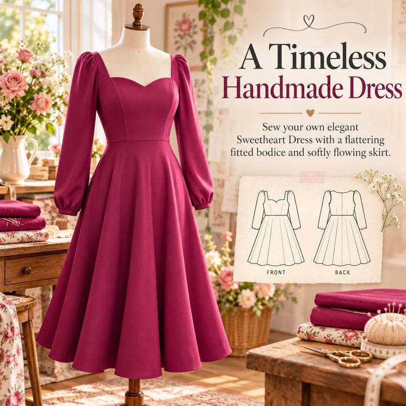 May include: A magenta dress on a mannequin featuring long sleeves, a sweetheart neckline, and a full skirt. Text reads: A Timeless Handmade Dress. Sew your own elegant Sweetheart Dress with a flattering fitted bodice and softly flowing skirt.