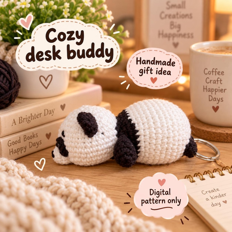 May include: A small, crocheted panda bear keychain featuring a white and black yarn body. The panda is lying down and includes a metal keyring attached to its back. The image contains text including "Cozy desk buddy," "Handmade gift idea," and "Digital pattern only."
