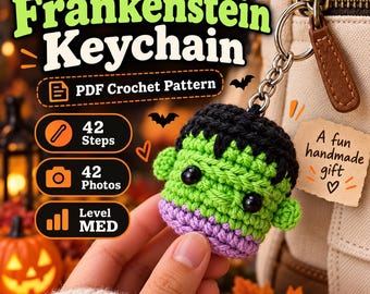 May include: A crochet Frankenstein keychain featuring a green face, black hair, and purple base, attached to a silver metal ring. The image includes text: Frankenstein Keychain, PDF Crochet Pattern, 42 Steps, 42 Photos, Level MED, and A fun handmade gift.