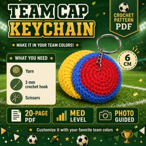 May include: A crochet pattern PDF for a team cap keychain, featuring a round, two-toned red and blue crocheted keychain with a metal ring. The design includes text, a 6 cm size indicator, and a list of required materials like yarn and a 3 mm hook.