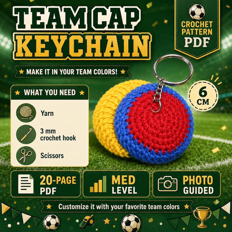 May include: A crochet pattern PDF for a team cap keychain, featuring a round, two-toned red and blue crocheted keychain with a metal ring. The design includes text, a 6 cm size indicator, and a list of required materials like yarn and a 3 mm hook.