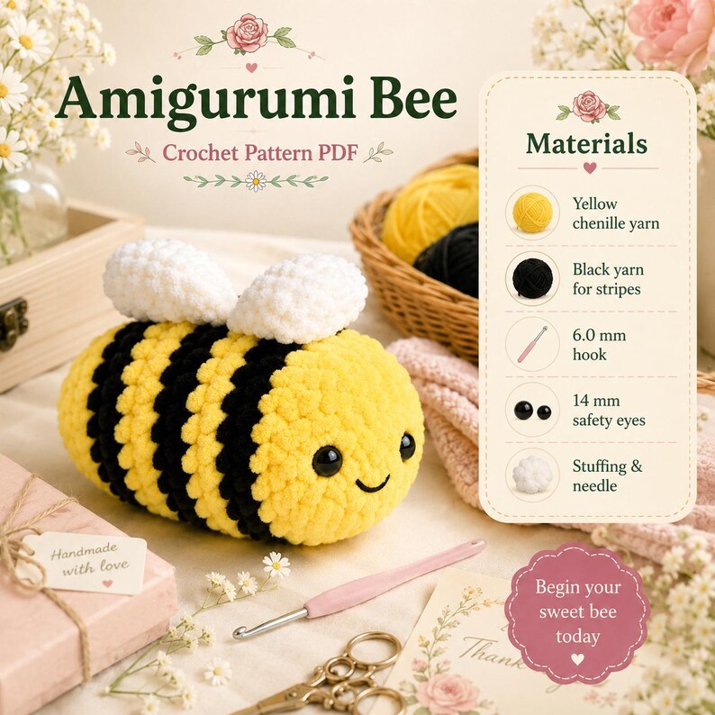 Puede incluir: Una abeja amigurumi de ganchillo con rayas amarillas y negras y alas blancas. La imagen incluye texto: Amigurumi Bee Crochet Pattern PDF, una lista de materiales con hilo de chenilla amarillo, hilo negro, un ganchillo de 6,0 mm, ojos de seguridad de 14 mm y relleno.