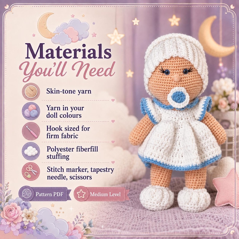 May include: A crochet doll wearing a white hat, a white dress with blue trim, and white shoes, featuring a blue pacifier. The image includes text listing materials needed: skin-tone yarn, doll colour yarn, hook, polyester fibre-fill, and tools.