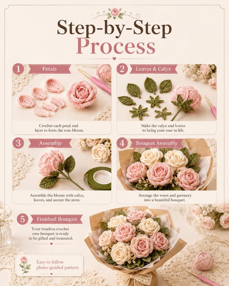May include: A step-by-step crochet pattern guide for a rose bouquet. The infographic displays five stages: crocheting pink petals, creating green leaves and calyx, assembling the bloom, arranging the bouquet, and the final finished rose bouquet.
