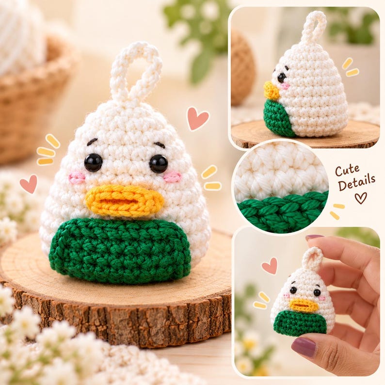 May include: A small, triangular crochet plush toy shaped like an onigiri rice ball. It features a white body, a green base, a yellow beak, black bead eyes, and pink cheeks. A small loop is attached to the top. The text "Cute Details" is visible.