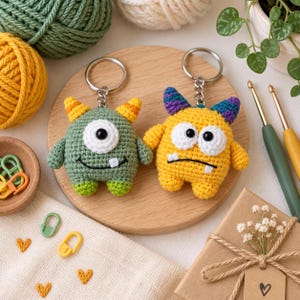 May include: Two handmade crochet monster keychains with metal rings. One is a round green monster with a single white eye and orange-tipped horns. The other is a yellow monster with two white eyes and purple-tipped horns, both featuring small teeth.