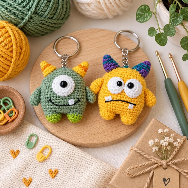May include: Two handmade crochet monster keychains with metal rings. One is a round green monster with a single white eye and orange-tipped horns. The other is a yellow monster with two white eyes and purple-tipped horns, both featuring small teeth.
