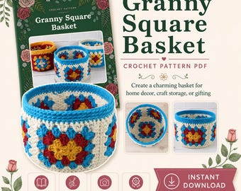Może przedstawiać: Cyfrowy wzór szydełkowy w formacie PDF na koszyk Granny Square. Dokument zawiera tekst, ilustracje kwiatowe oraz zdjęcia okrągłego koszyka wykonanego z białej, czerwonej, żółtej i niebieskiej włóczki. Zawiera 20 stron, 46 kroków, 46 zdjęć i średni poziom.