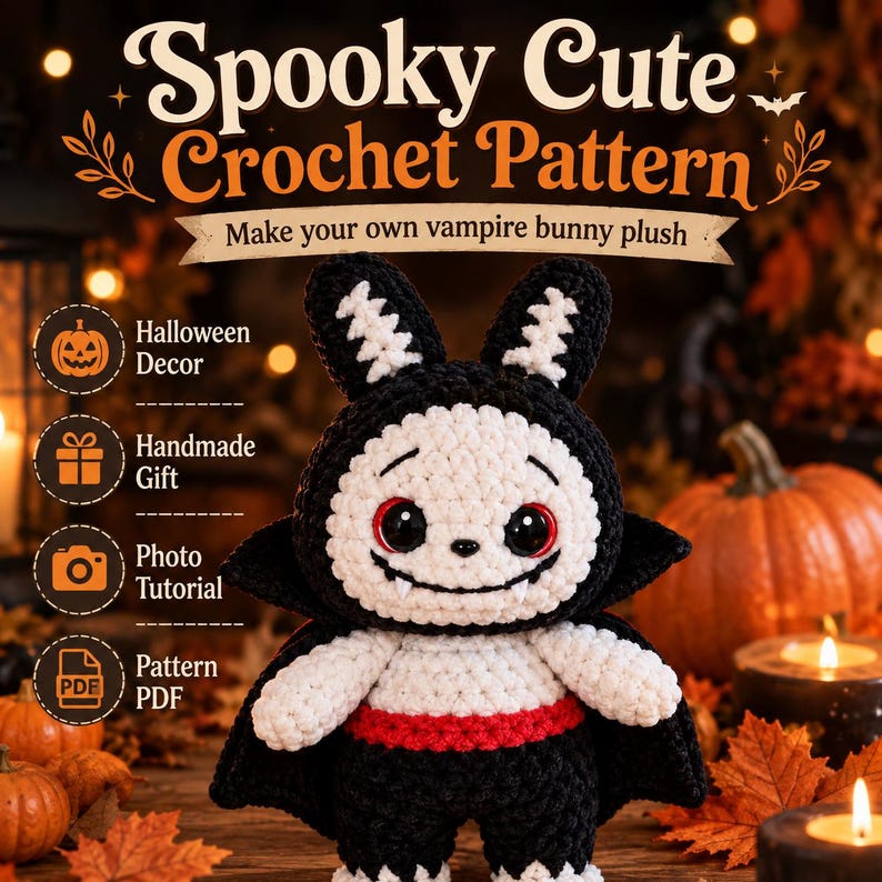 May include: A crochet vampire bunny plush with black and white yarn, red eyes, and white fangs. The text reads Spooky Cute Crochet Pattern, Make your own vampire bunny plush, Halloween Decor, Handmade Gift, Photo Tutorial, and Pattern PDF.