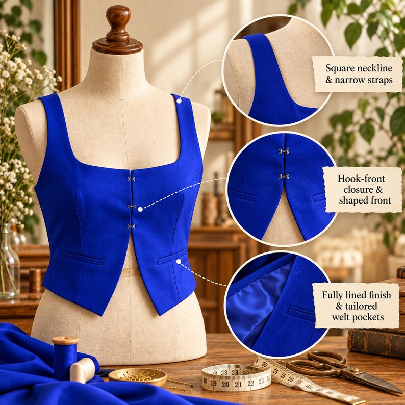May include: A vibrant royal blue vest featuring a square neckline, narrow straps, and a hook-front closure. The garment includes two tailored welt pockets and a fully lined interior. Text on the image highlights the square neckline, narrow straps, hook-front closure, shaped front, fully lined finish, and tailored welt pockets.