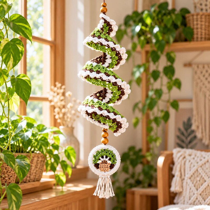May include: A hanging crochet spiral ornament featuring alternating bands of dark brown, light green, and white yarn. The spiral is suspended by a string with wooden beads and terminates in a circular crochet motif with a tassel.
