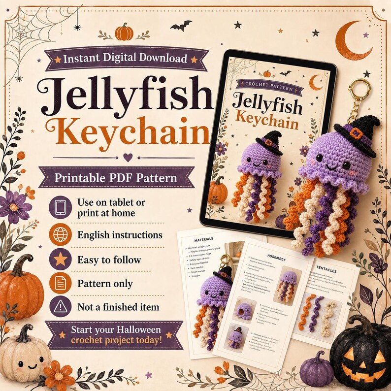May include: A digital crochet pattern for a jellyfish keychain, featuring text "Jellyfish Keychain" and "Instant Digital Download." The image displays a purple crocheted jellyfish with a black witch hat and curly tentacles in orange, purple, and cream.