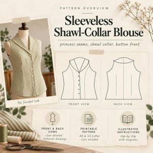 May include: A sewing pattern for a sleeveless shawl-collar blouse with princess seams and a button front. The image displays the finished garment on a dress form, technical line drawings of front and back views, and icons for PDF patterns.