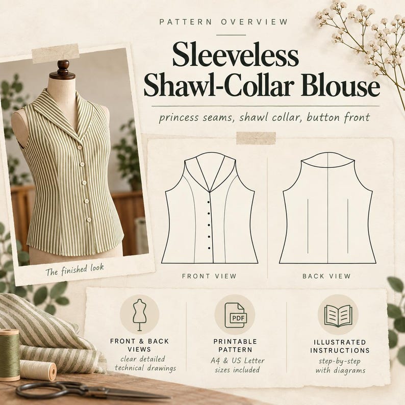 May include: A sewing pattern for a sleeveless shawl-collar blouse with princess seams and a button front. The image displays the finished garment on a dress form, technical line drawings of front and back views, and icons for PDF patterns.