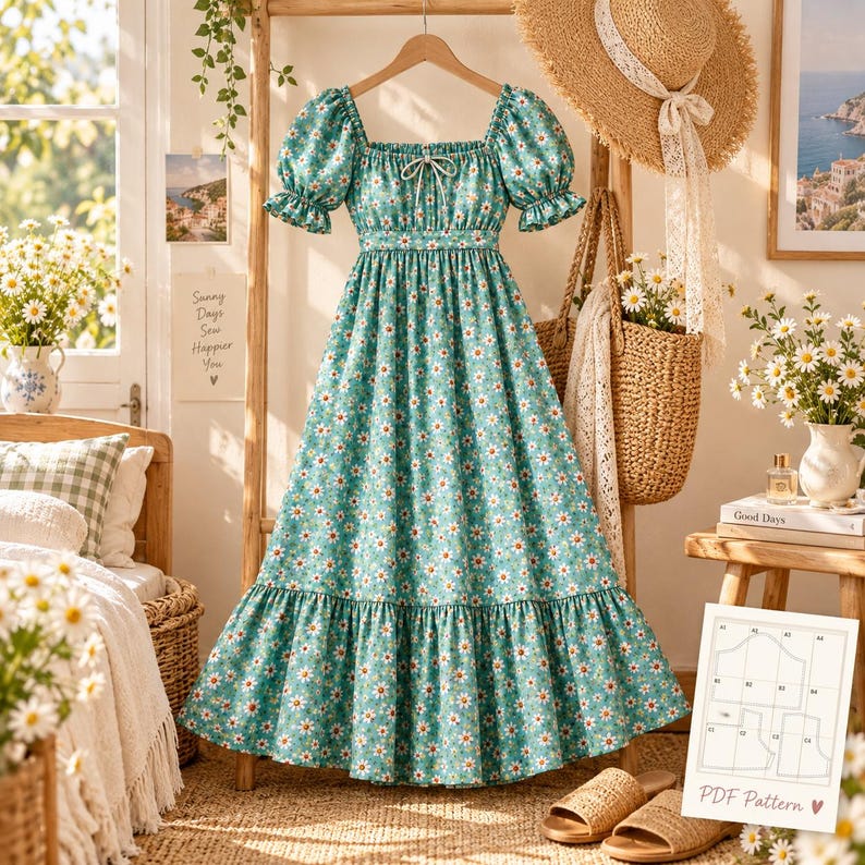 K&ouml;nnte beinhalten: Ein tealfarbenes Midikleid mit wei&szlig;em G&auml;nsebl&uuml;mchenmuster, Puff&auml;rmeln mit elastischen B&uuml;ndchen, quadratischem Ausschnitt mit Bindedetail, taillierter Passform und einem gestuften Rock mit ger&uuml;schtem Saum, pr&auml;sentiert auf einem Holzkleiderb&uuml;gel.