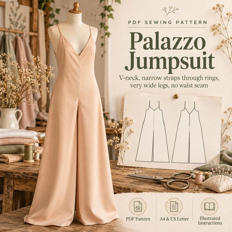 May include: A beige palazzo jumpsuit on a dress form with a V-neck and narrow straps. The text reads PDF SEWING PATTERN Palazzo Jumpsuit, V-neck, narrow straps through rings, very wide legs, no waist seam, PDF Pattern, A4 & US Letter, Illustrated Instructions.