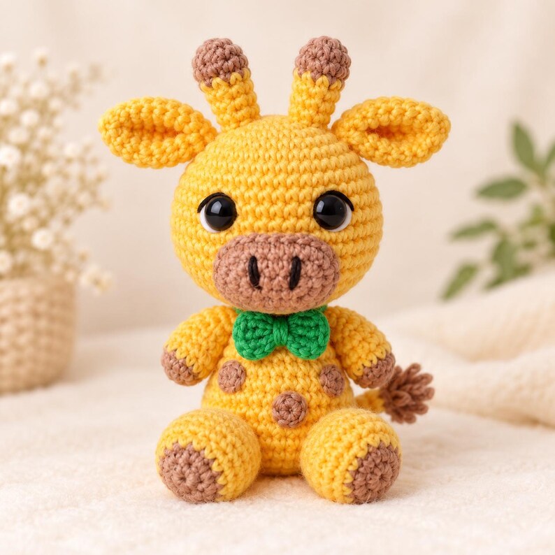 May include: A yellow crochet giraffe toy with brown spots, brown horn tips, and brown hoof details. The giraffe features large black safety eyes, a brown snout with black stitched nostrils, and a bright green bow tie around its neck.