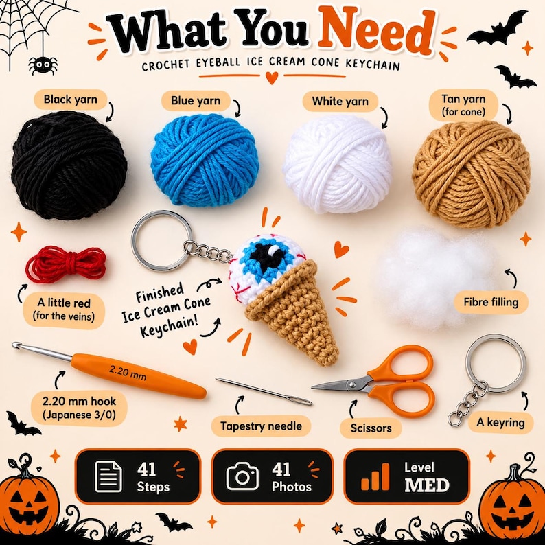 May include: A crochet kit for an eyeball ice cream cone keychain, including black, blue, white, and tan yarn, red thread, fiber filling, a 2.20 mm crochet hook, a tapestry needle, scissors, and a metal keyring, with text What You Need.