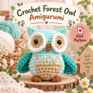 Op de afbeelding: Een lichtblauwe en beige gehaakte uil amigurumi met zwarte ogen en een bruine snavel. De tekst "Crochet Forest Owl Amigurumi" en "PDF Pattern" is zichtbaar. De uil heeft gestructureerde vleugels en voeten en staat op een houten schijf.