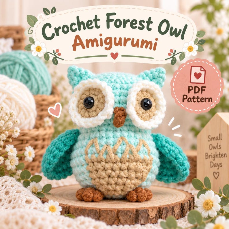 Op de afbeelding: Een lichtblauwe en beige gehaakte uil amigurumi met zwarte ogen en een bruine snavel. De tekst "Crochet Forest Owl Amigurumi" en "PDF Pattern" is zichtbaar. De uil heeft gestructureerde vleugels en voeten en staat op een houten schijf.