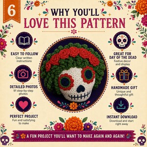 May include: A crochet pattern infographic titled WHY YOU'LL LOVE THIS PATTERN featuring a central image of a crocheted skull with green hair and red flowers. The text includes EASY TO FOLLOW, DETAILED PHOTOS, and INSTANT DOWNLOAD.