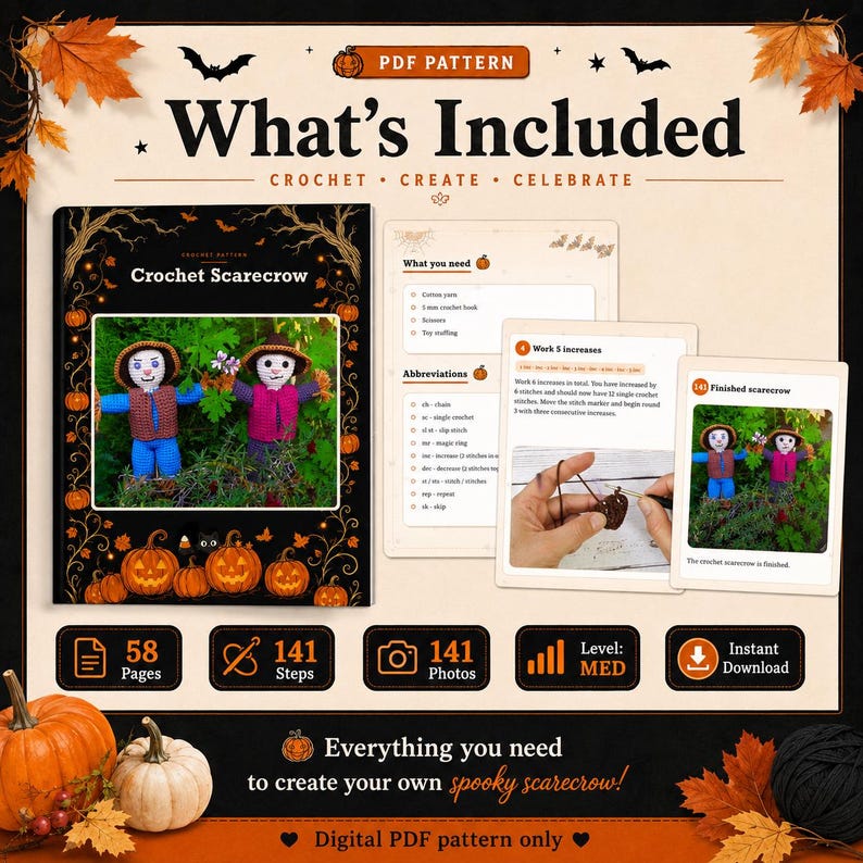 May include: A digital PDF crochet pattern for a scarecrow, featuring 58 pages, 141 steps, and 141 photos. The document includes a list of materials, abbreviations, and step-by-step instructions with images of two finished crochet scarecrows.