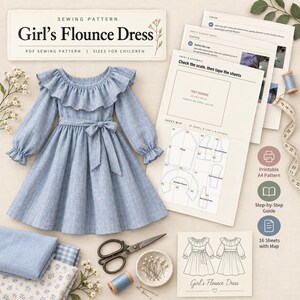 May include: A light blue long-sleeve dress with a ruffled neckline and waist tie, accompanied by printed sewing pattern instructions, a test square, a sheet map, metal scissors, a spool of thread, pins, and fabric swatches for a Girl's Flounce Dress.