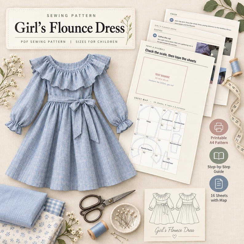 May include: A light blue long-sleeve dress with a ruffled neckline and waist tie, accompanied by printed sewing pattern instructions, a test square, a sheet map, metal scissors, a spool of thread, pins, and fabric swatches for a Girl's Flounce Dress.